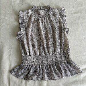 Japna Gray Dot Smocked Waist Ruffle Sleeveless Blouse